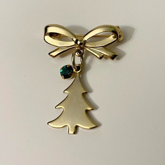Vintage Christmas Pin Brooch Bow Tree Green Rhinestone Dangle - Picture 3 of 12